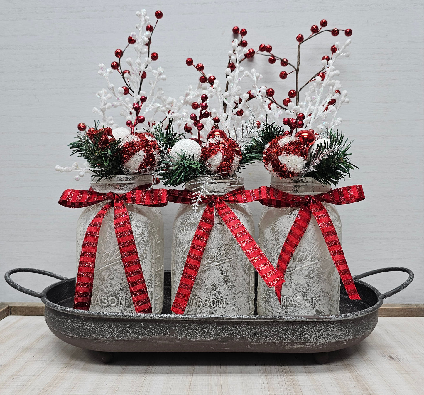 Classic Red & White Christmas Lighted Mason Jar Centerpiece