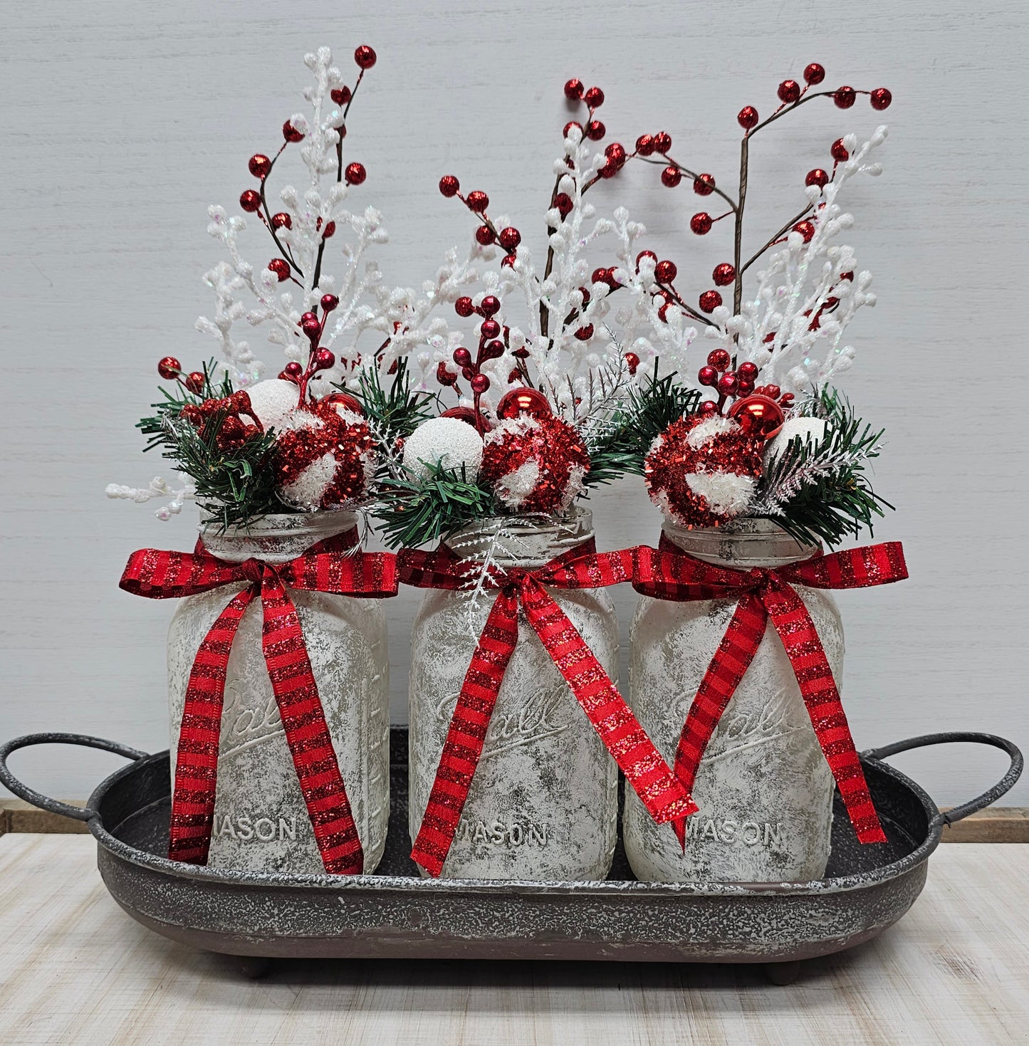 Classic Red & White Christmas Lighted Mason Jar Centerpiece