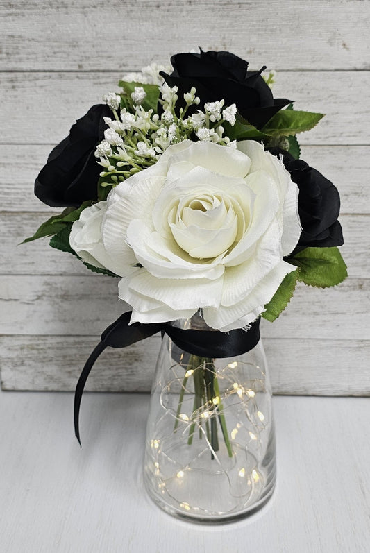 Black & White Silk Rose Lighted Mason Jar Centerpiece - Glassy Gal Decor