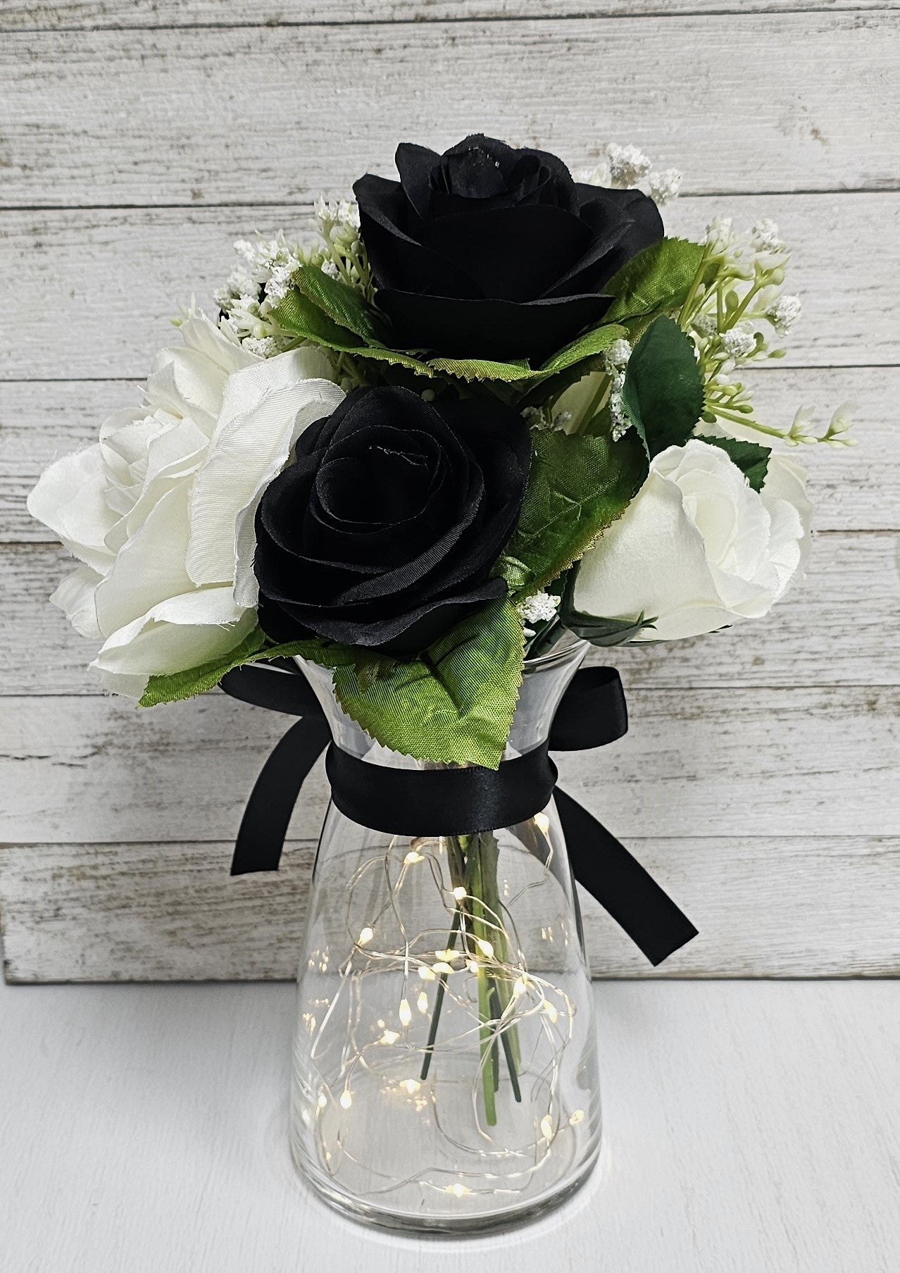 Black & White Silk Rose Lighted Mason Jar Centerpiece