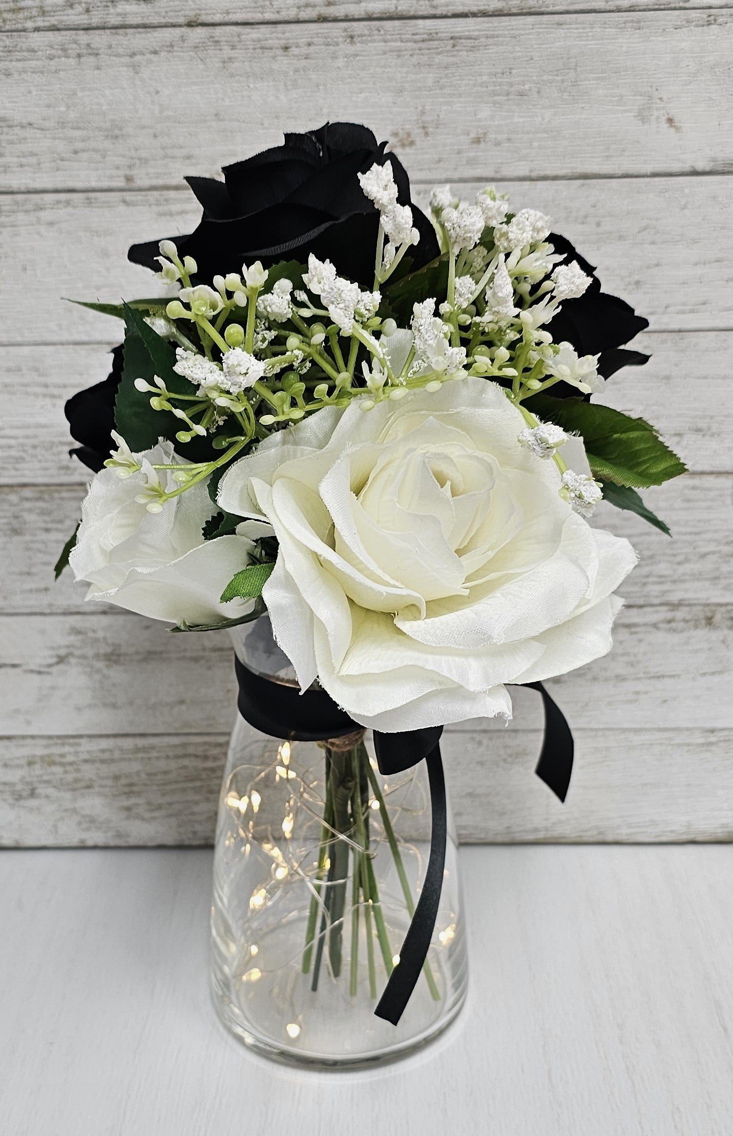 Black & White Silk Rose Lighted Mason Jar Centerpiece