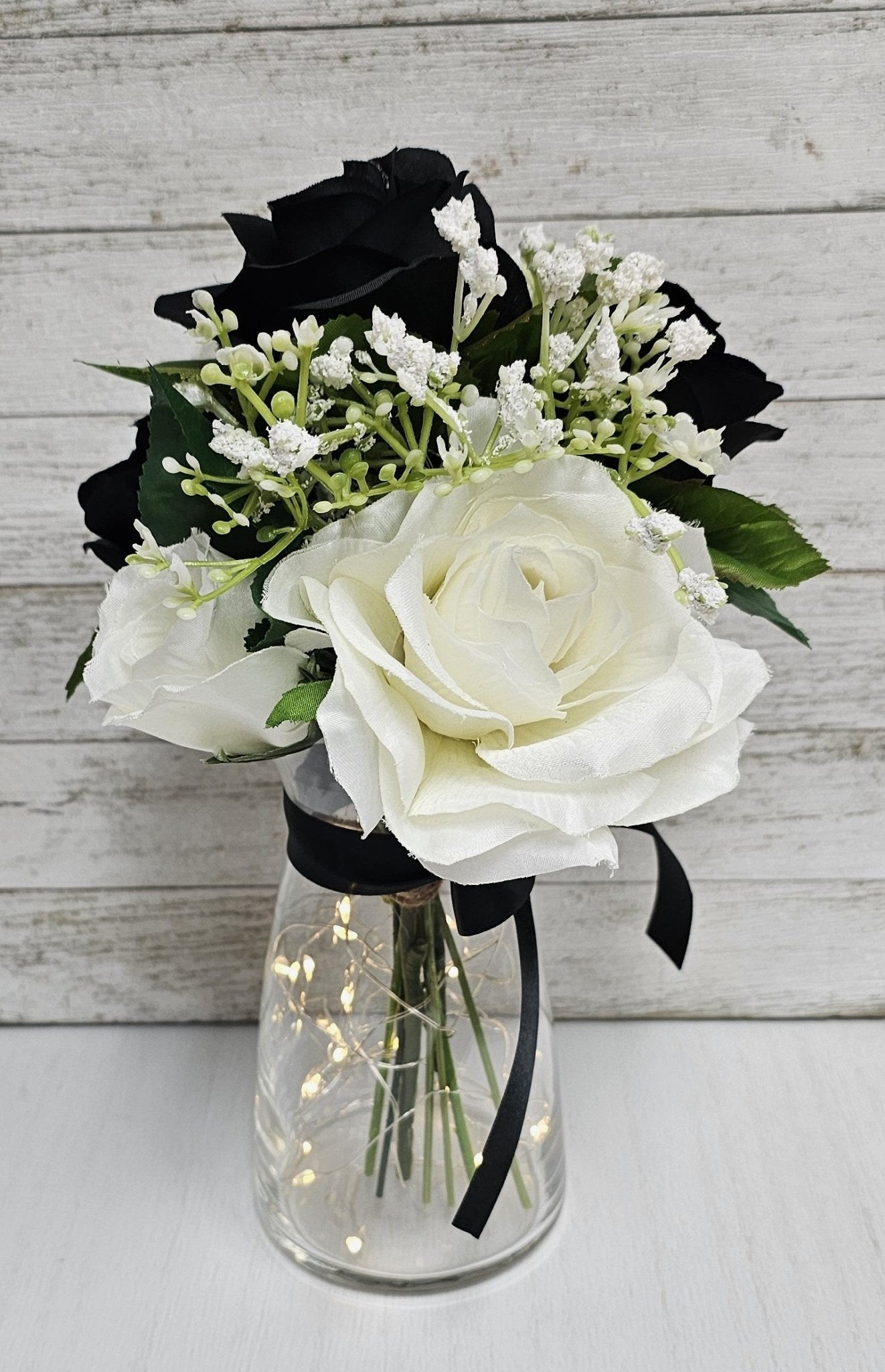Black & White Silk Rose Lighted Mason Jar Centerpiece - Glassy Gal Decor