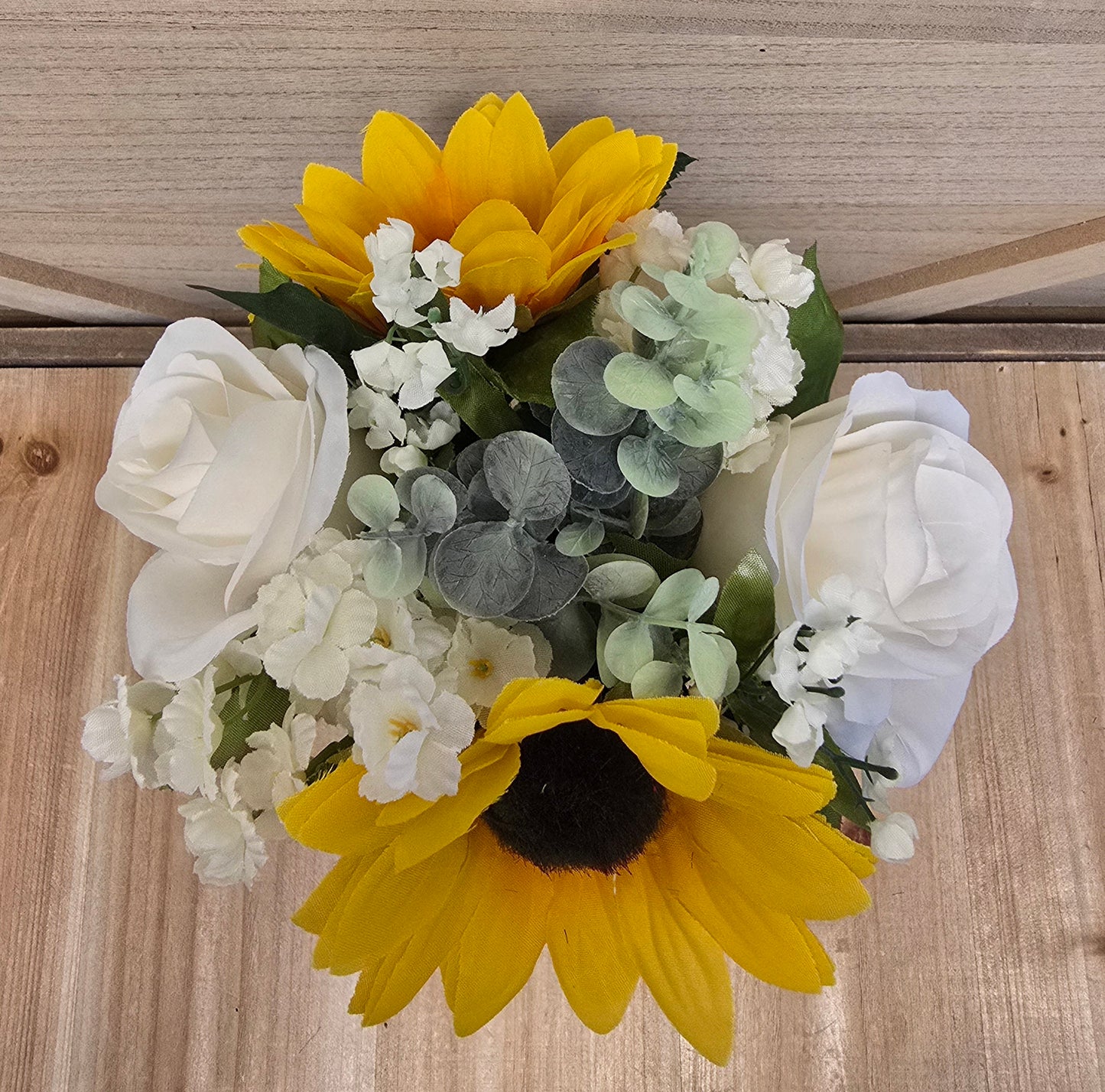 Sunflower, Ivory Rose, & Eucalyptus Lighted Mason Jar Centerpiece