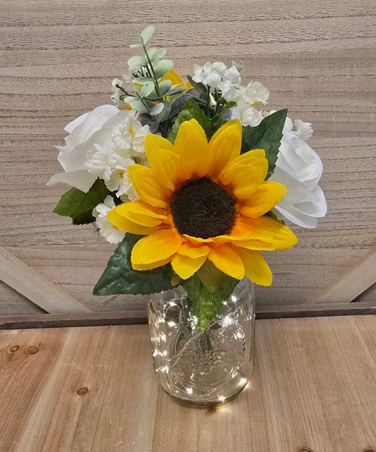 Sunflower, Ivory Rose, & Eucalyptus Lighted Mason Jar Centerpiece - Glassy Gal Decor