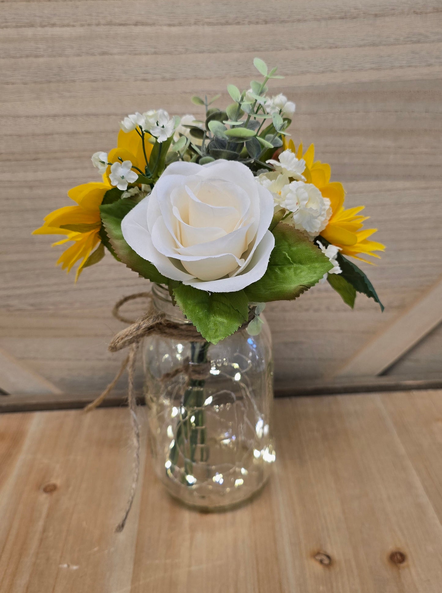 Sunflower, Ivory Rose, & Eucalyptus Lighted Mason Jar Centerpiece