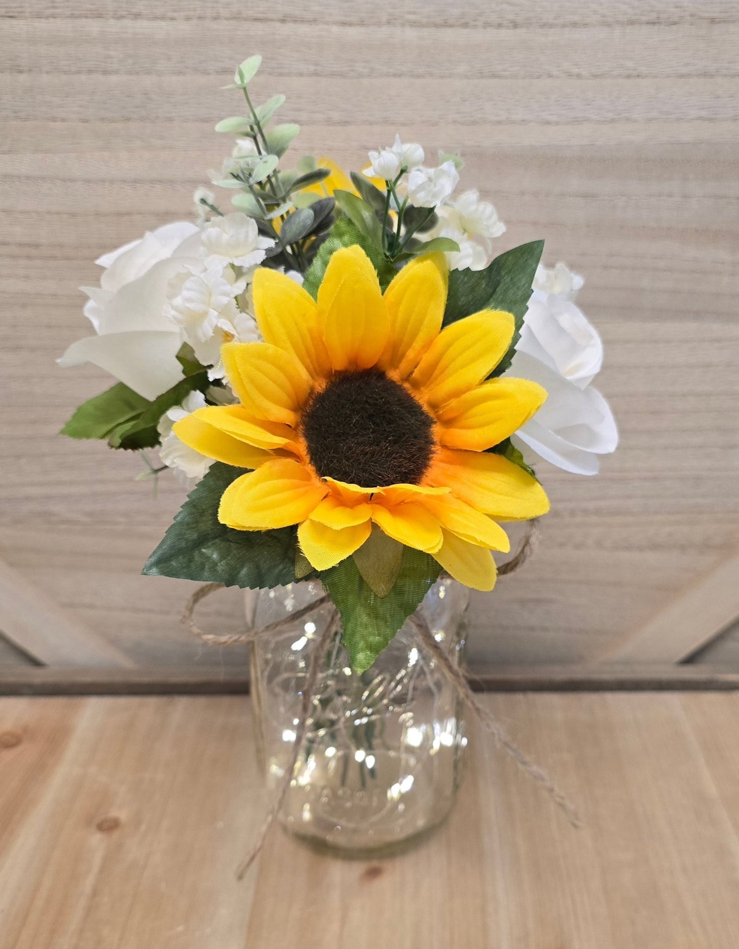 Sunflower, Ivory Rose, & Eucalyptus Lighted Mason Jar Centerpiece - Glassy Gal Decor