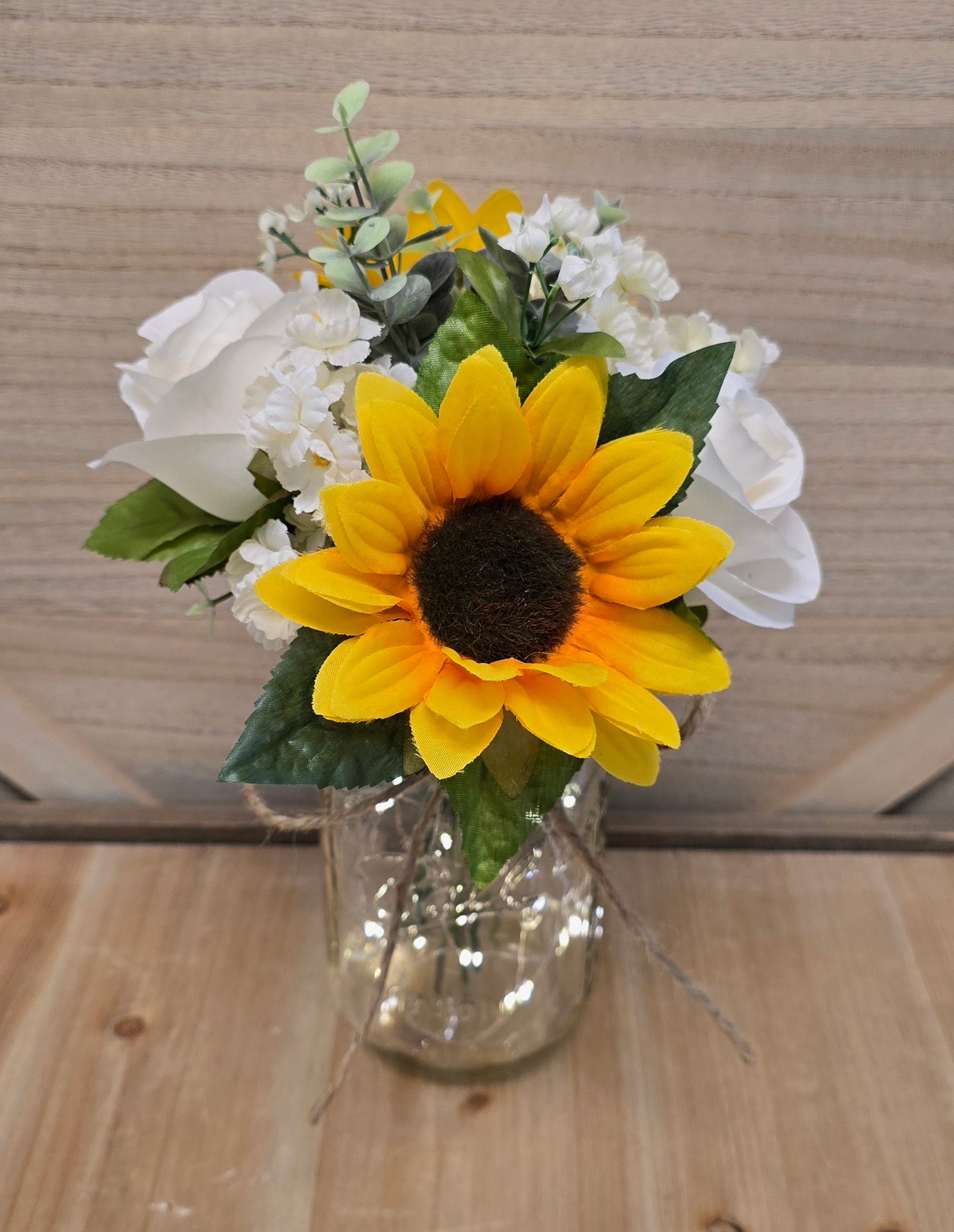 Sunflower, Ivory Rose, & Eucalyptus Lighted Mason Jar Centerpiece