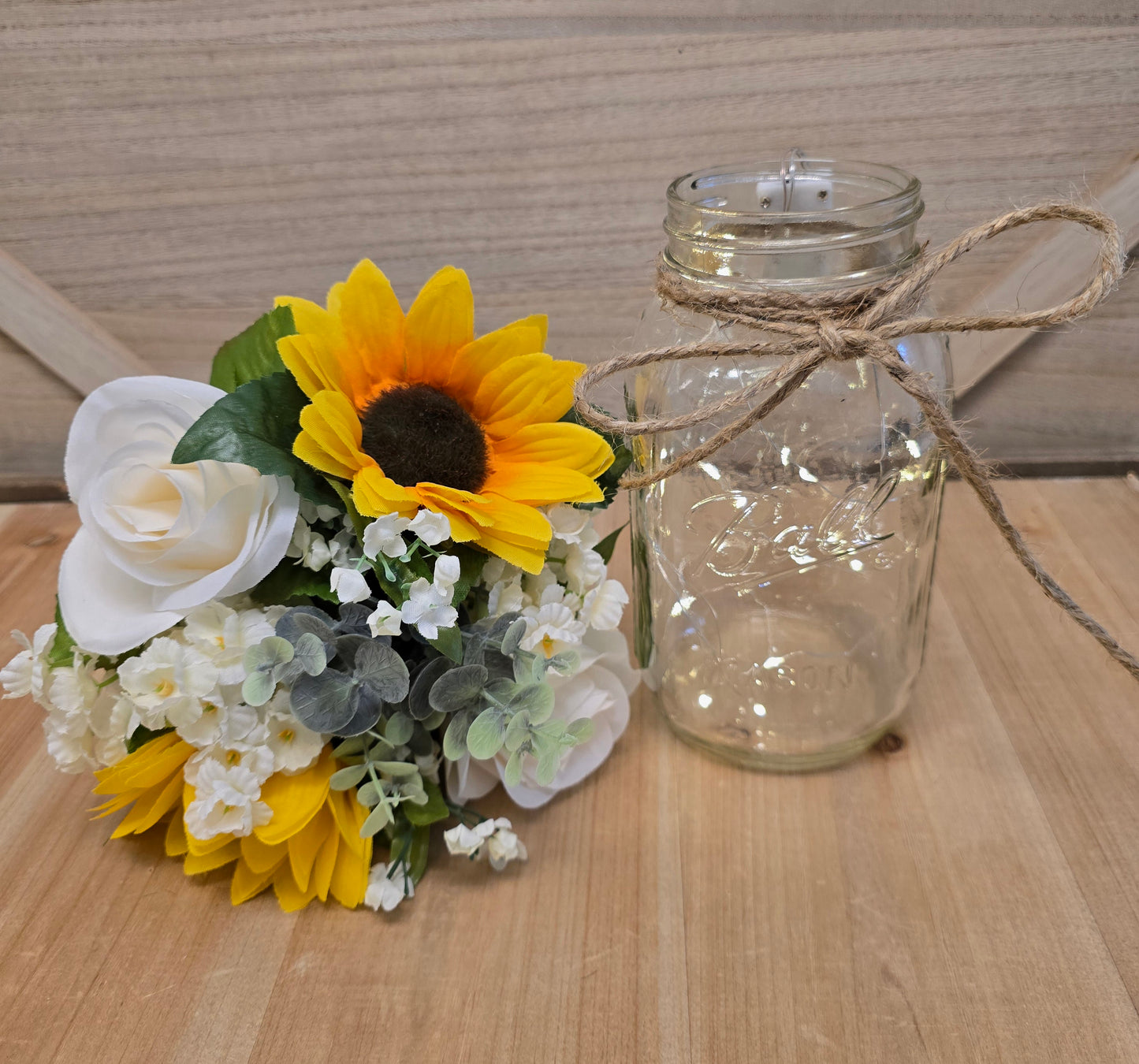 Sunflower, Ivory Rose, & Eucalyptus Lighted Mason Jar Centerpiece