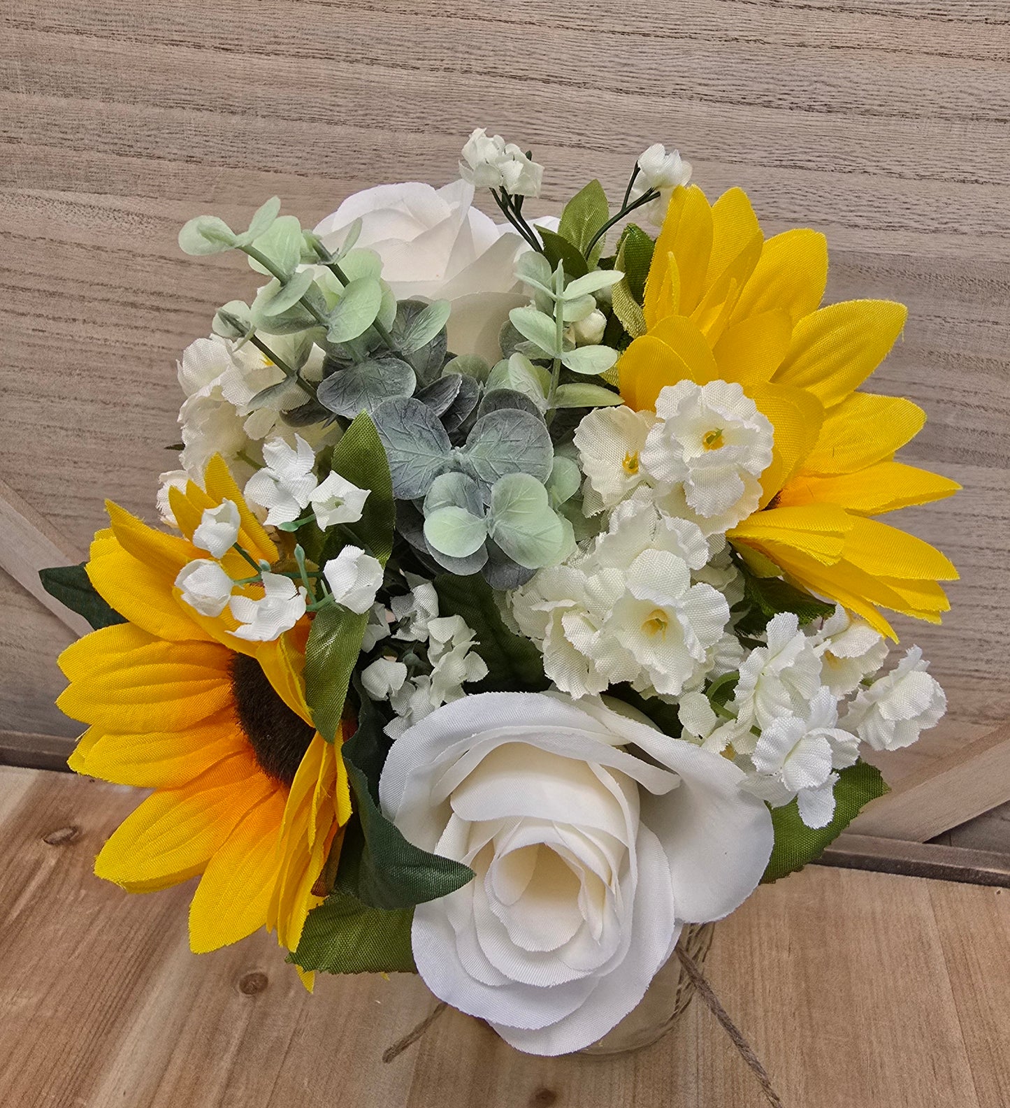 Sunflower, Ivory Rose, & Eucalyptus Lighted Mason Jar Centerpiece