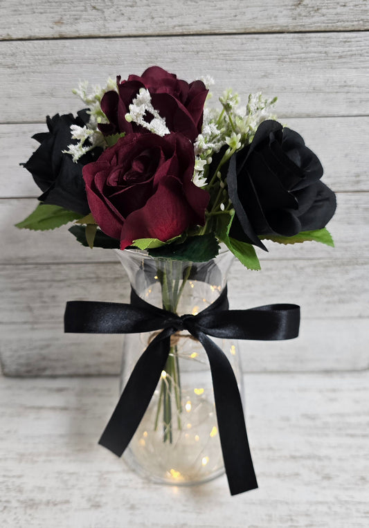Rose Red, Black & White Silk Rose Lighted Mason Jar Centerpiece