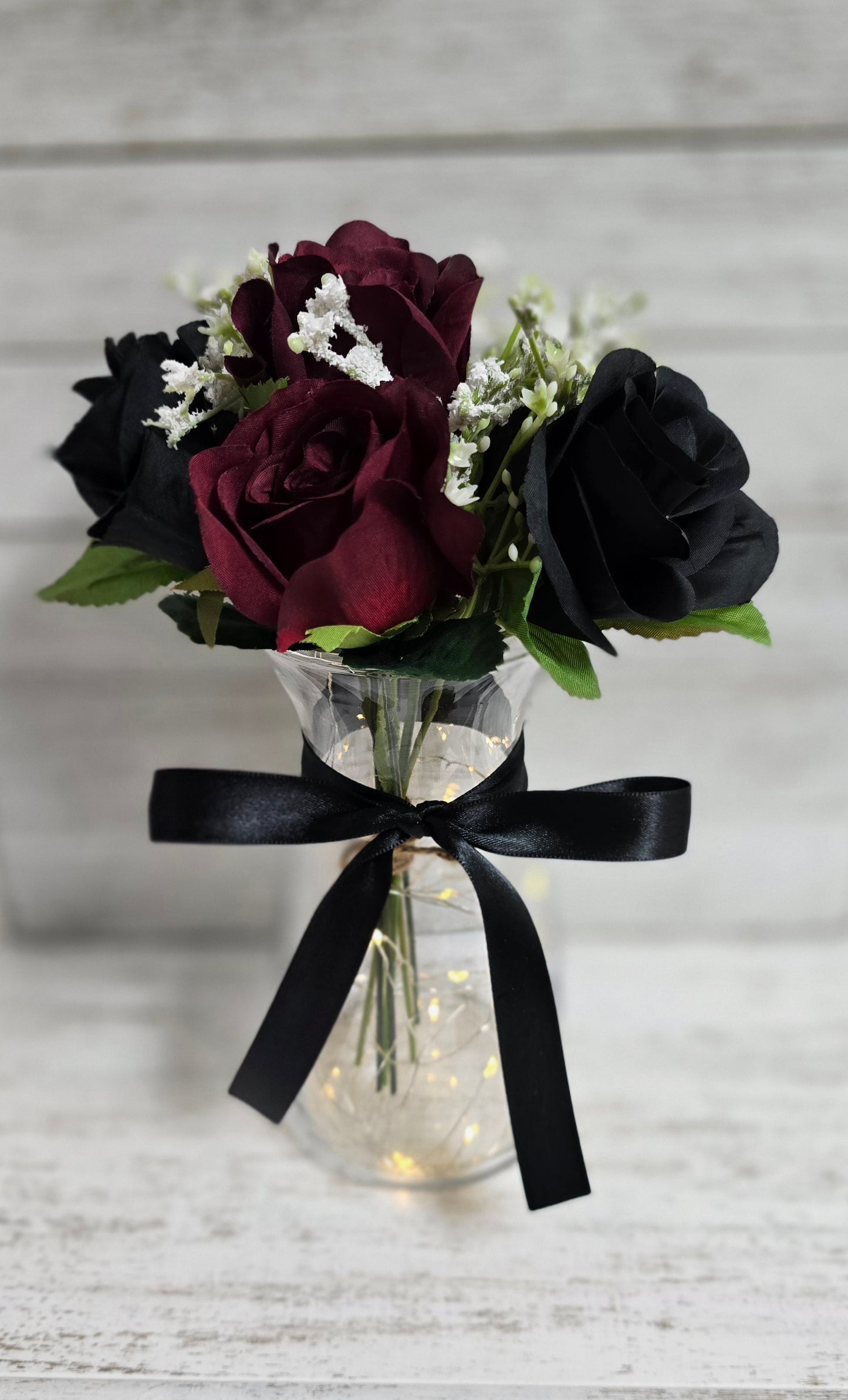 Rose Red, Black & White Silk Rose Lighted Mason Jar Centerpiece