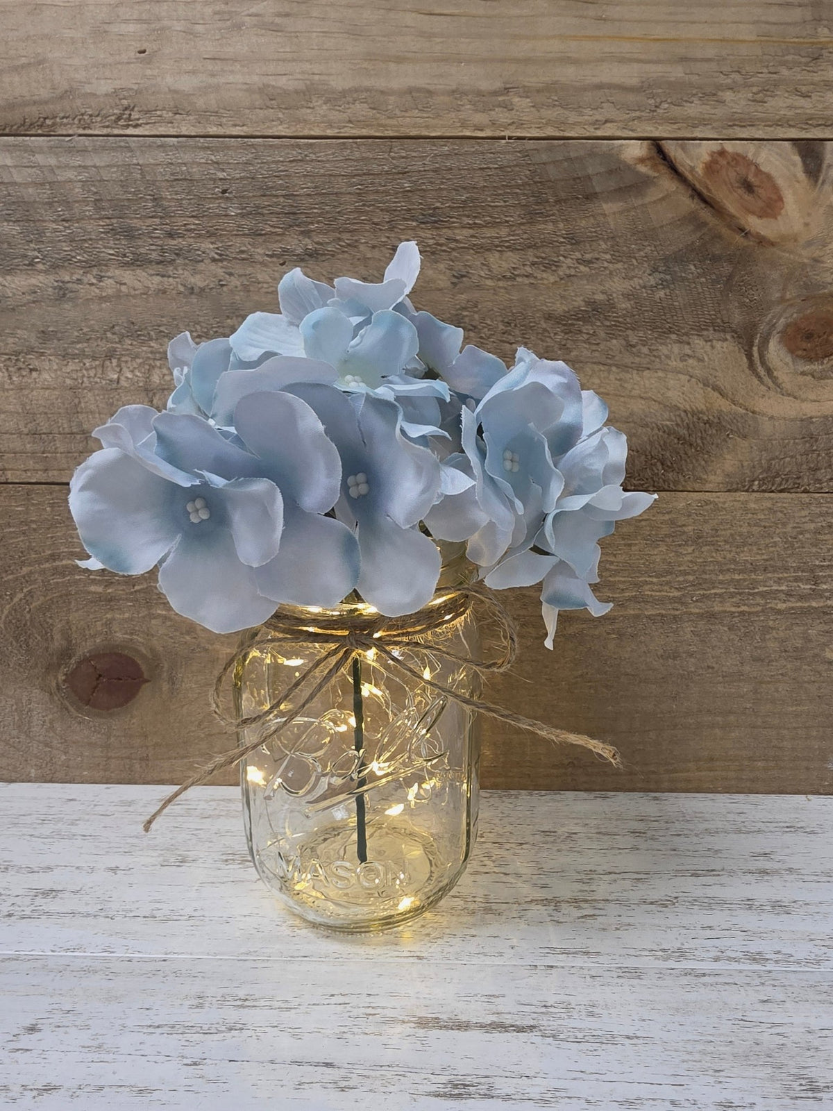 Light Turquoise Silk Hydrangea Lighted Mason Jar Centerpiece - Glassy Gal Decor