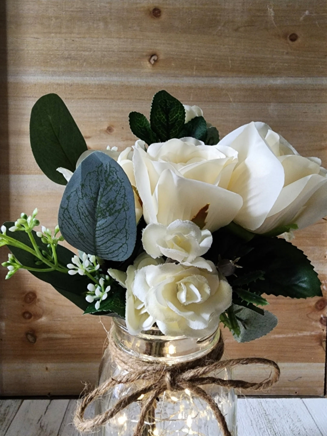 3 pc Ivory Rose and Eucalyptus Lighted Mason Jar Centerpiece Set
