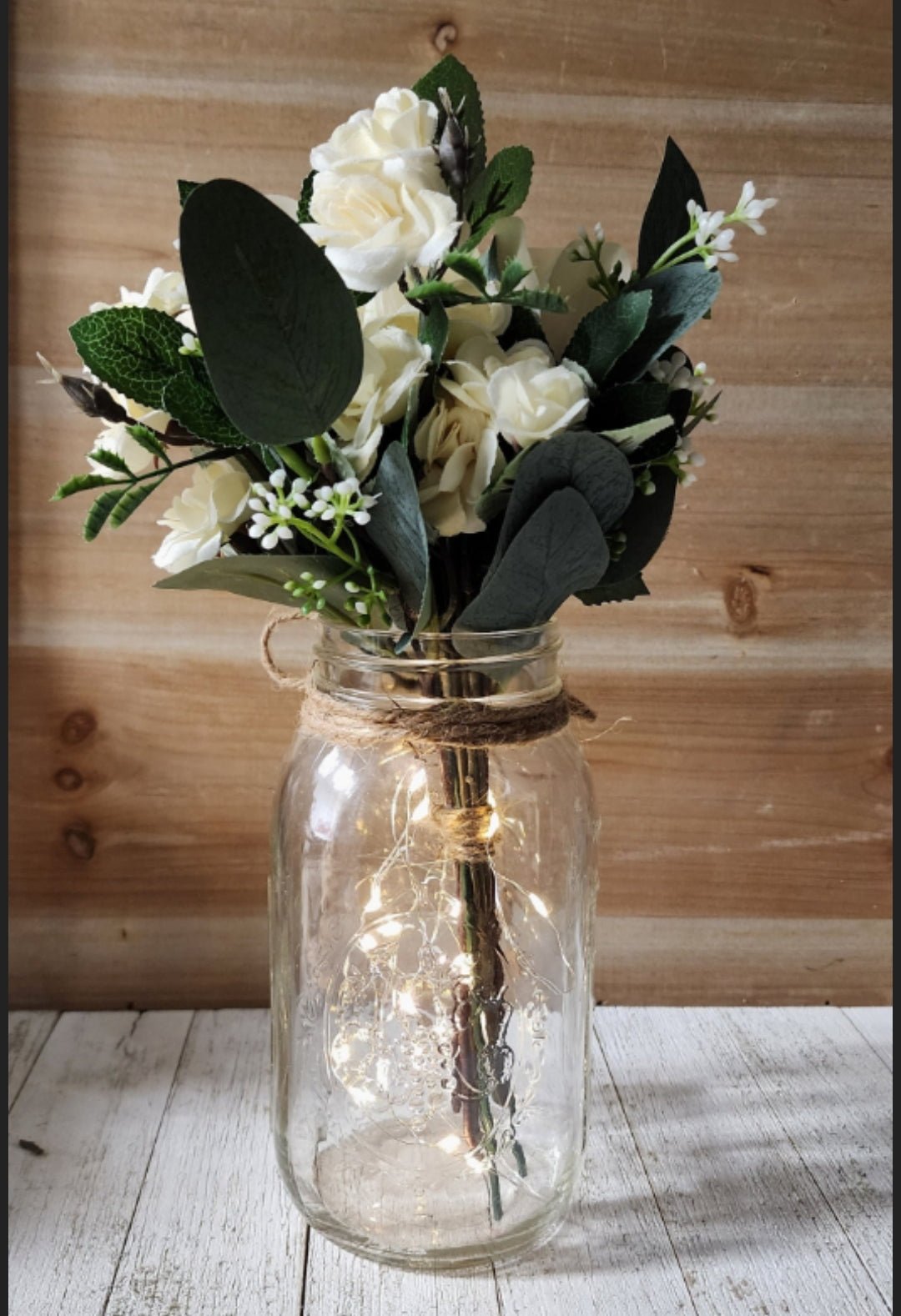 3 pc Ivory Rose and Eucalyptus Lighted Mason Jar Centerpiece Set - Glassy Gal Decor