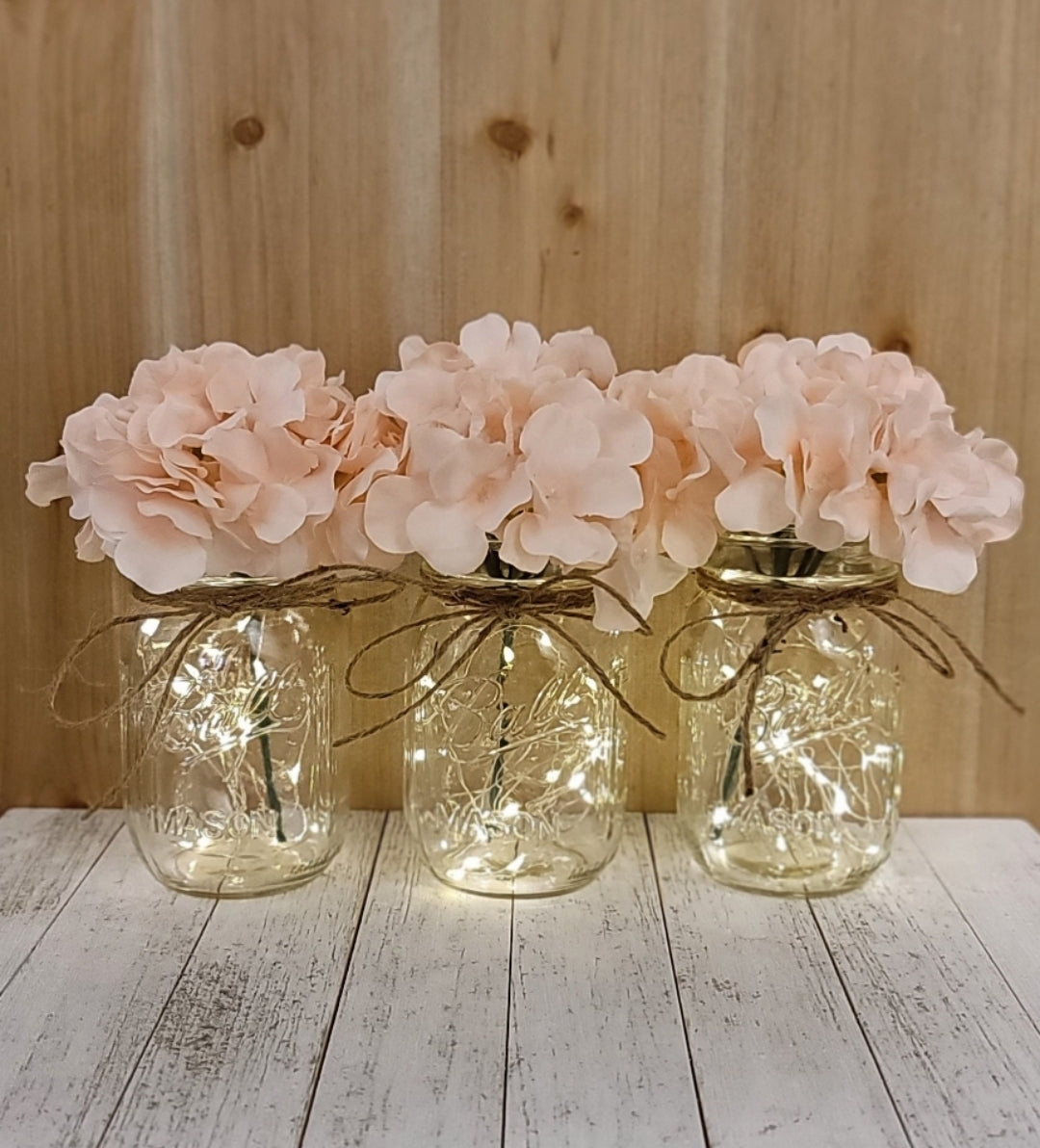 Blush Hydrangea Lighted Mason Jar Centerpiece