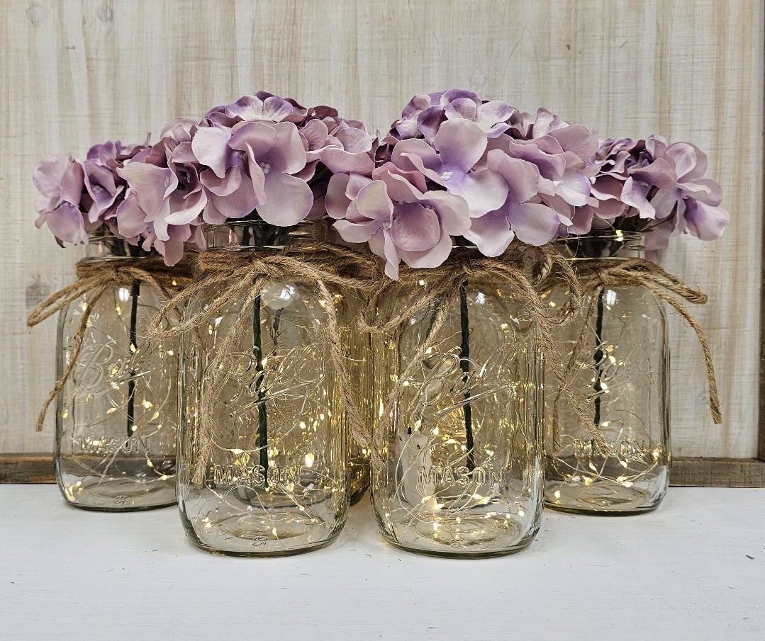 Dreamy Purple Hydrangea Lighted Mason Jar Centerpiece