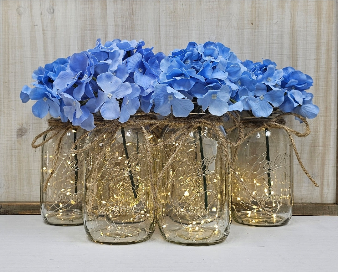Light Blue Hydrangea Lighted Mason Jar Centerpiece