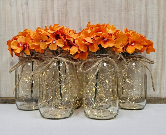 Orange Silk Hydrangea Lighted Mason Jar Centerpiece - Glassy Gal Decor