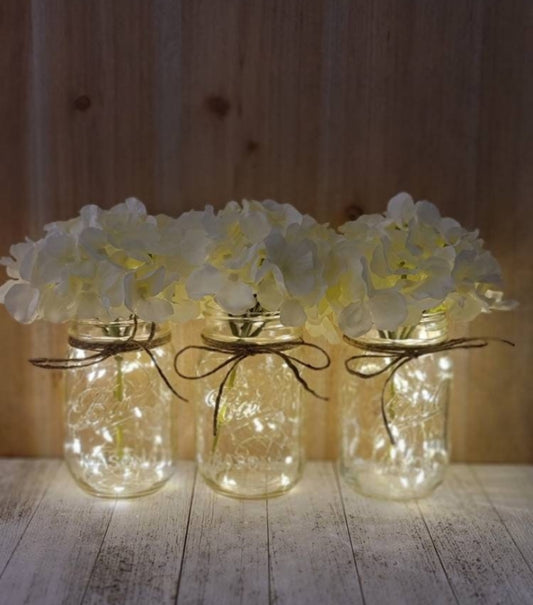 Ivory Silk Hydrangea Lighted Mason Jar Centerpiece