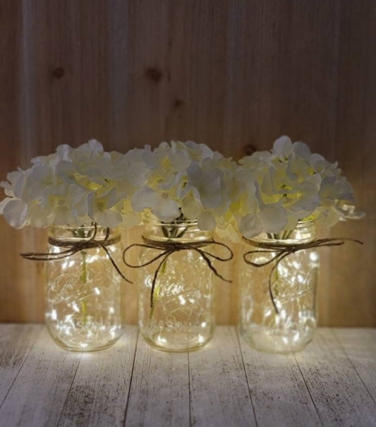 Ivory Silk Hydrangea Lighted Mason Jar Centerpiece - Glassy Gal Decor
