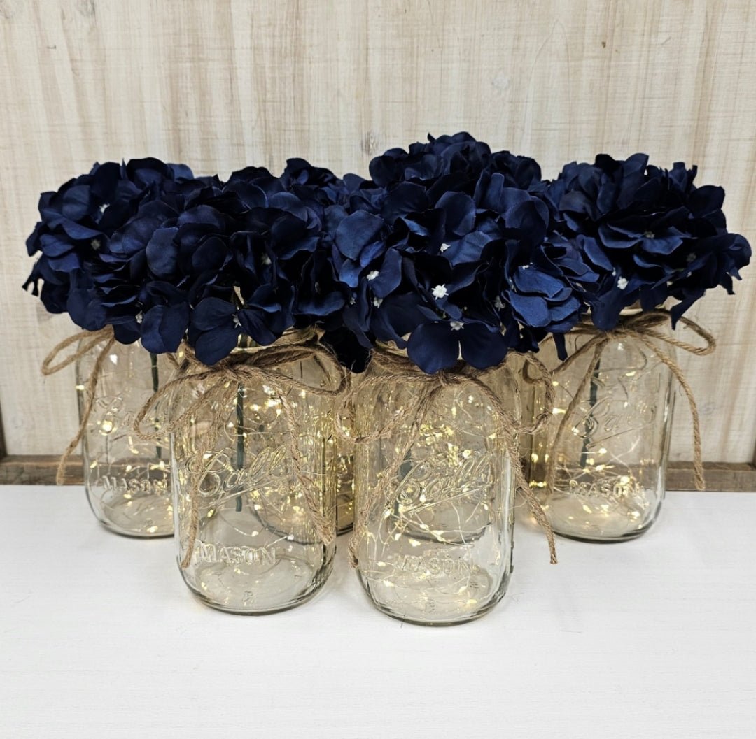 Navy Silk Hydrangea Lighted Mason Jar Centerpiece - Glassy Gal Decor