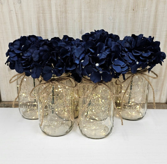 Navy Silk Hydrangea Lighted Mason Jar Centerpiece - Glassy Gal Decor
