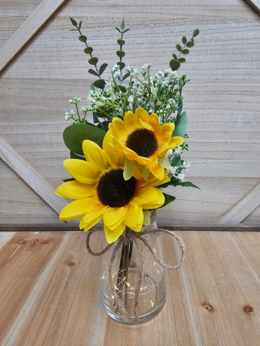 Sunflower, Eucalyptus and Babies Breath Lighted Bud Vase Centerpiece