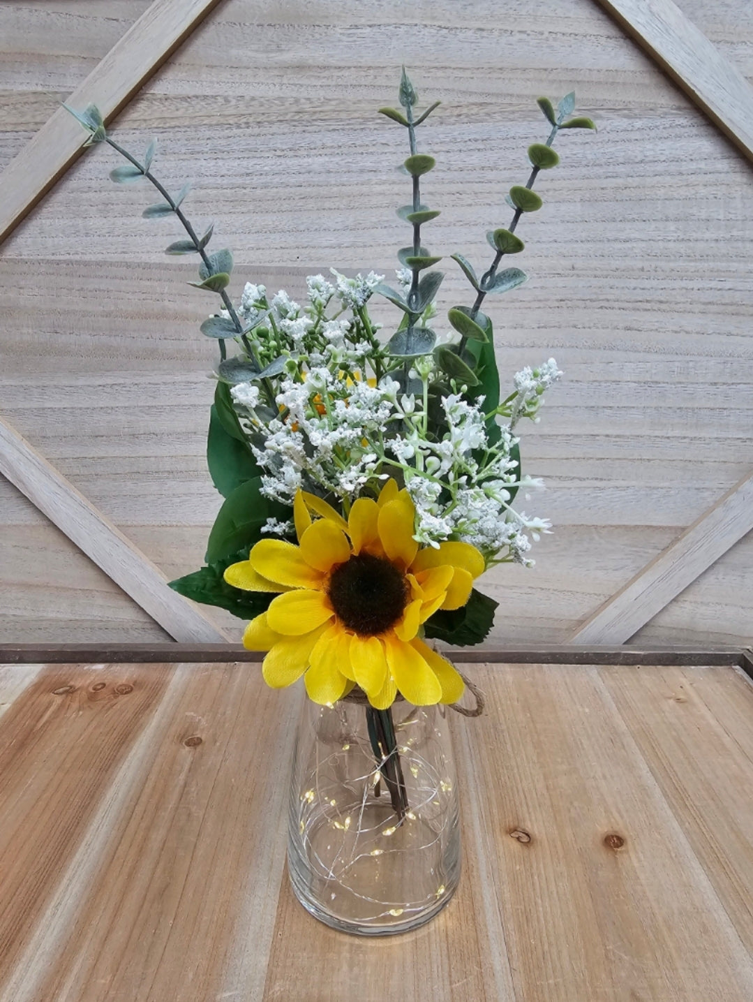 Sunflower, Eucalyptus and Babies Breath Lighted Bud Vase Centerpiece