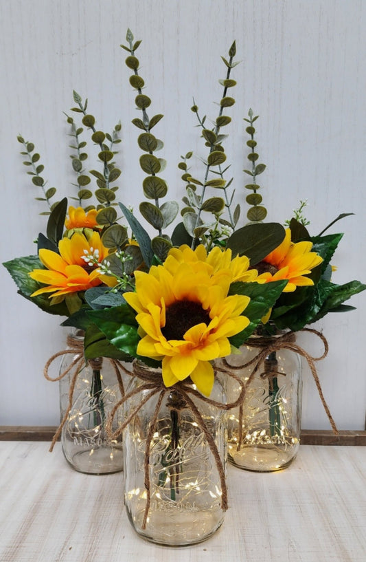Sunflower & Eucalyptus Lighted Mason Jar Centerpiece - Glassy Gal Decor
