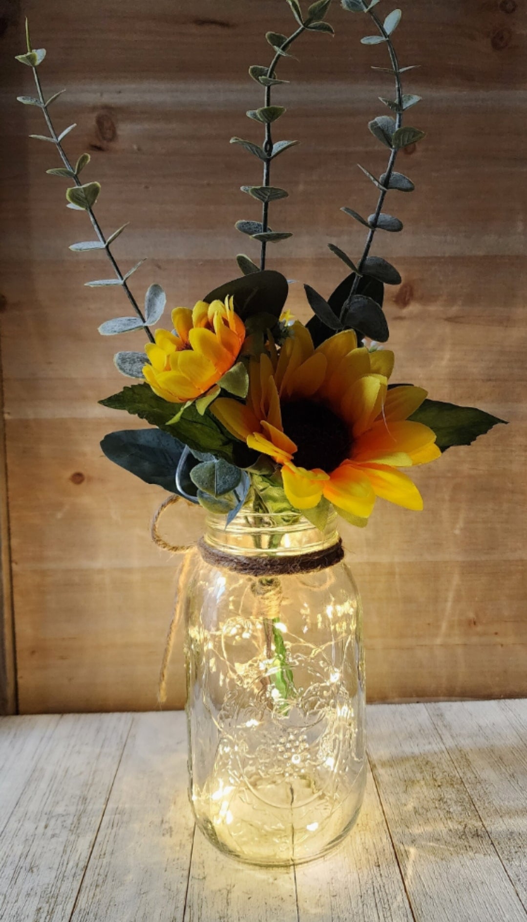 Sunflower & Eucalyptus Lighted Mason Jar Centerpiece