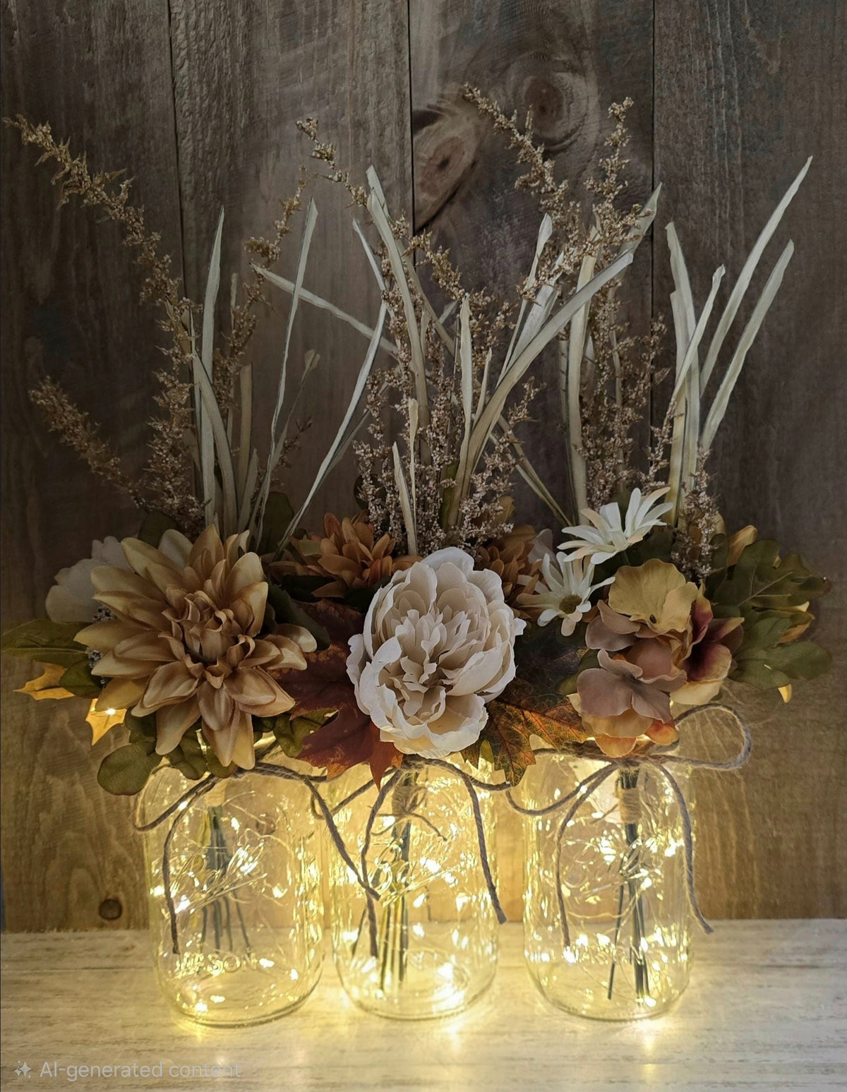 3 Piece Dahlia, Peony, & Hydrangea Fall Faux Floral Lighted Mason Jar Centerpiece Set