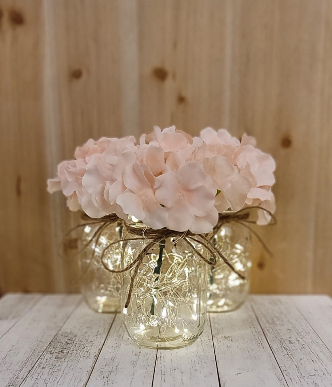 Blush Hydrangea Lighted Mason Jar Centerpiece