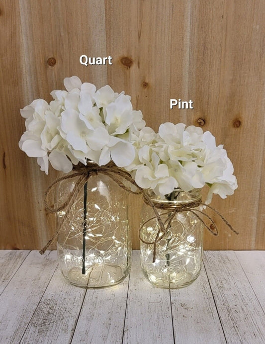 White Hydrangea Lighted Mason Jar Centerpiece - Glassy Gal Decor