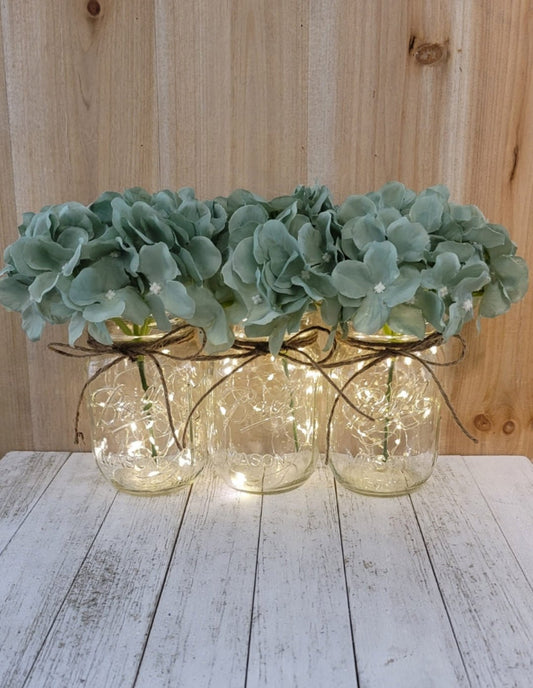Sage Hydrangea Lighted Mason Jar Centerpiece - Glassy Gal Decor