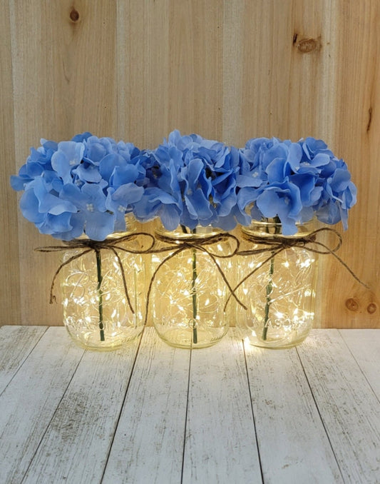 Light Blue Hydrangea Lighted Mason Jar Centerpiece - Glassy Gal Decor