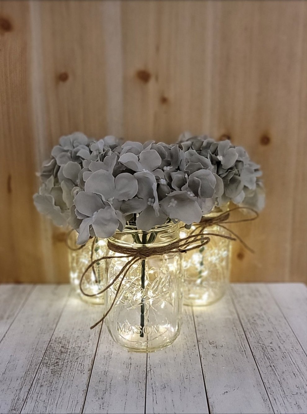 Gray Hydrangea Lighted Mason Jar Centerpiece