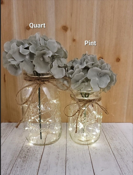 Gray Hydrangea Lighted Mason Jar Centerpiece - Glassy Gal Decor