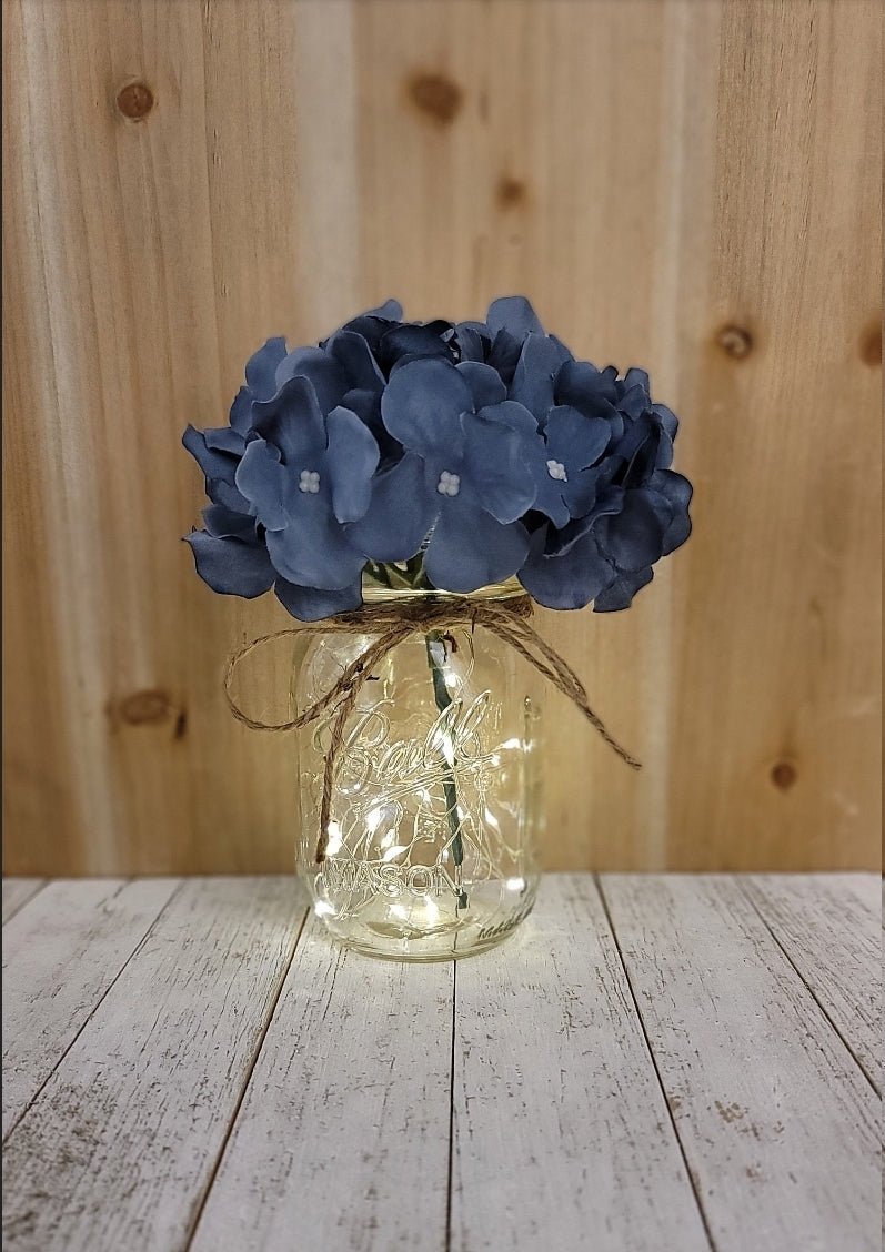 Dusty Blue Hydrangea Lighted Mason Jar Centerpiece - Glassy Gal Decor
