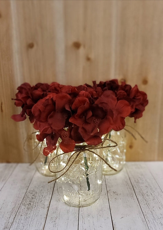 Burgundy Hydrangea Lighted Mason Jar Centerpiece
