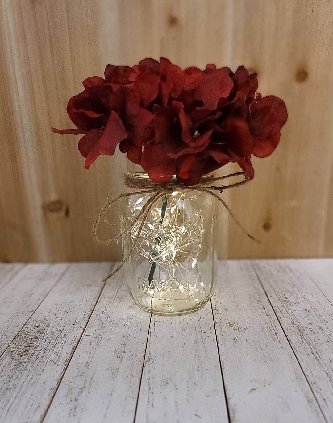 Burgundy Hydrangea Lighted Mason Jar Centerpiece