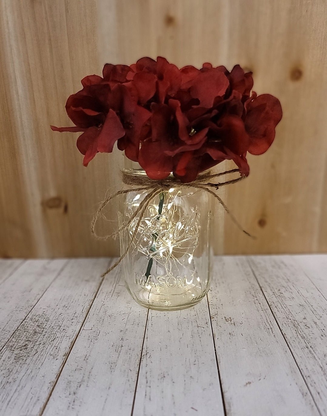 Burgundy Hydrangea Lighted Mason Jar Centerpiece - Glassy Gal Decor