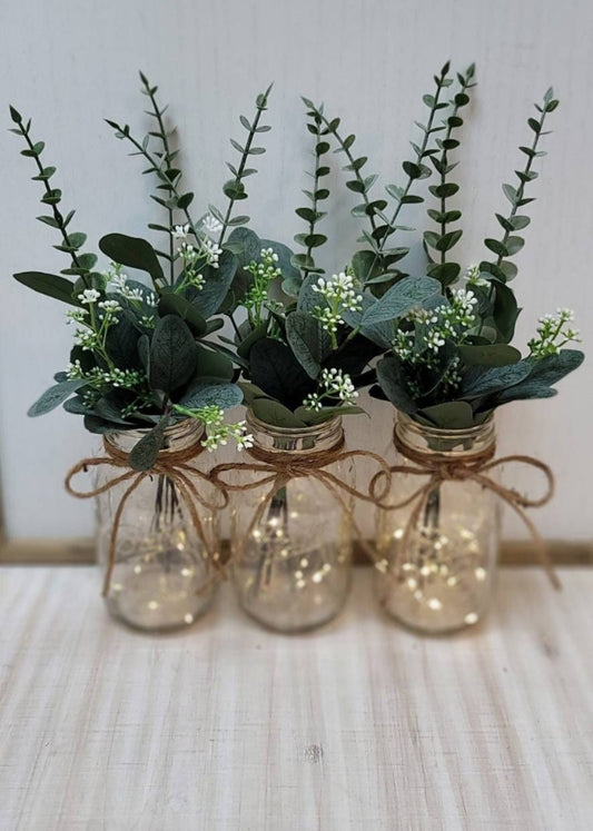 Eucalyptus and Greenery Lighted Mason Jar Centerpiece - Glassy Gal Decor