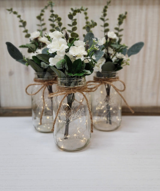 White Mini-Rose Lighted Mason Jar Centerpiece
