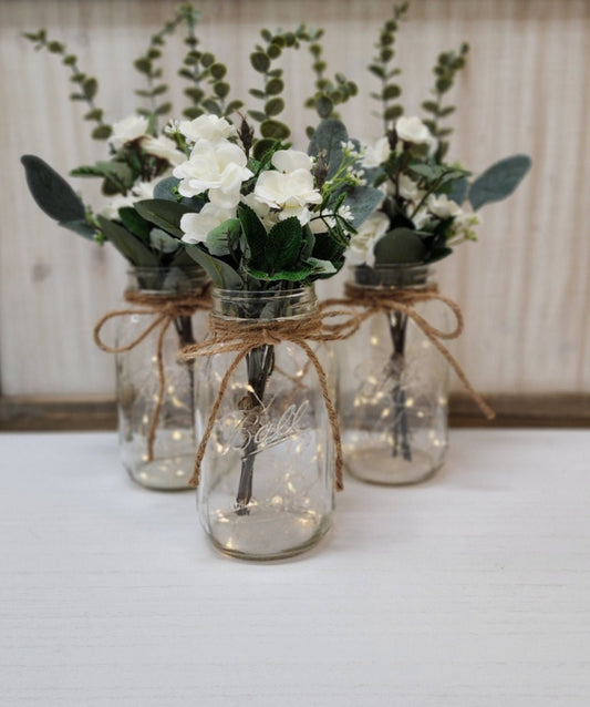 White Mini-Rose Lighted Mason Jar Centerpiece - Glassy Gal Decor