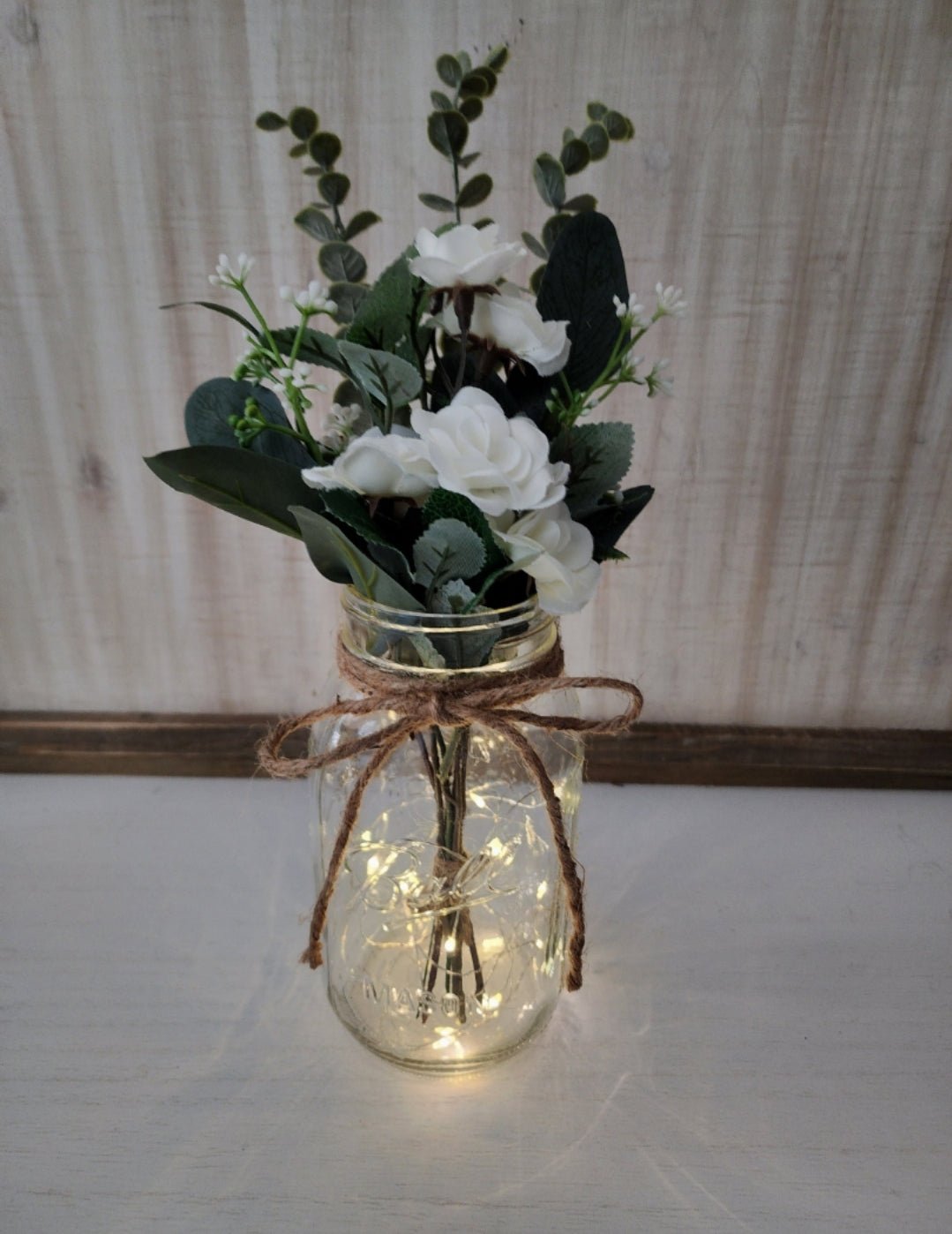 White Mini-Rose Lighted Mason Jar Centerpiece - Glassy Gal Decor