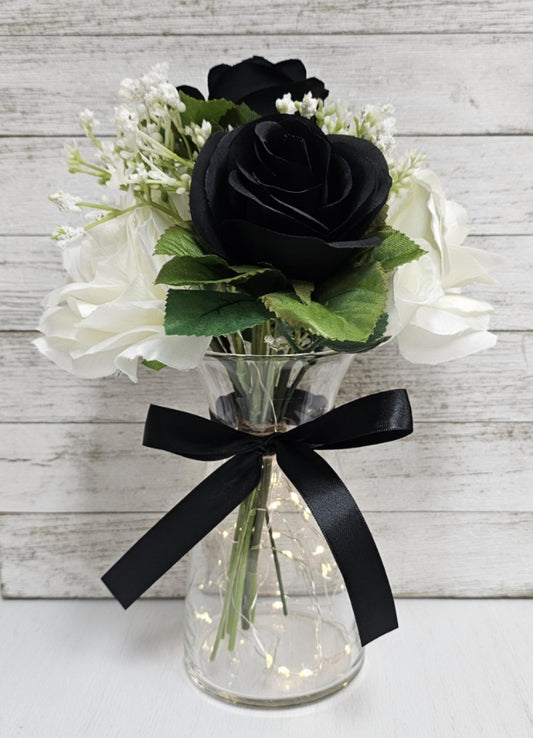 Black & White Silk Rose Lighted Mason Jar Centerpiece