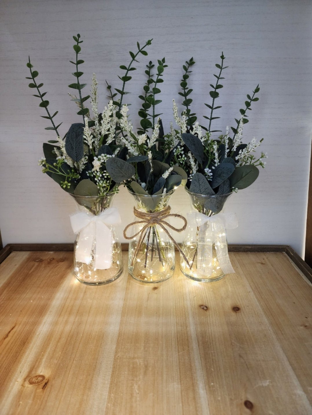 Eucalyptus and Babies Breath Lighted Bud Vase Centerpiece - Glassy Gal Decor