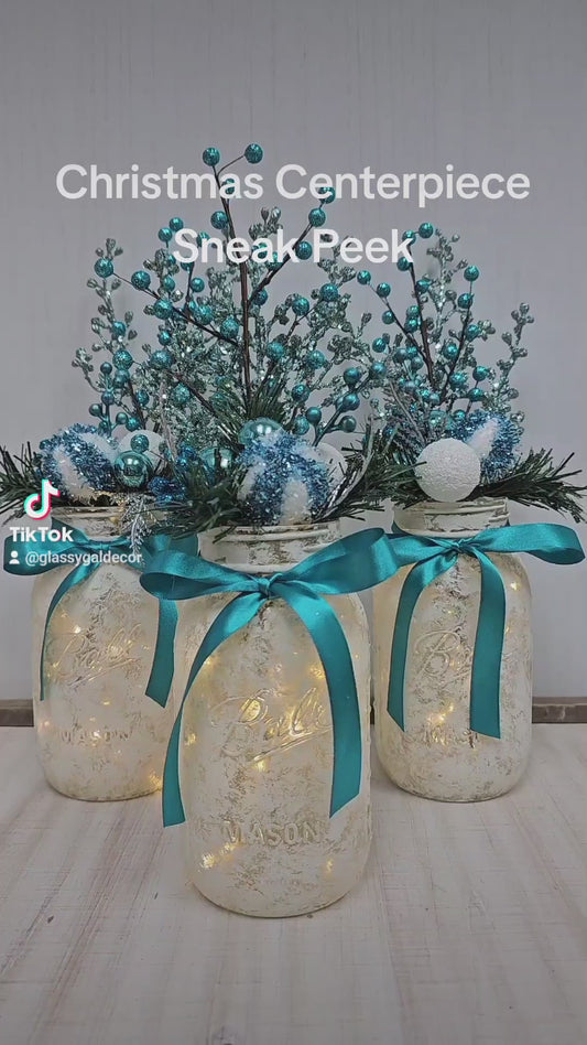 Blue Lighted Mason Jar Christmas Centerpiece
