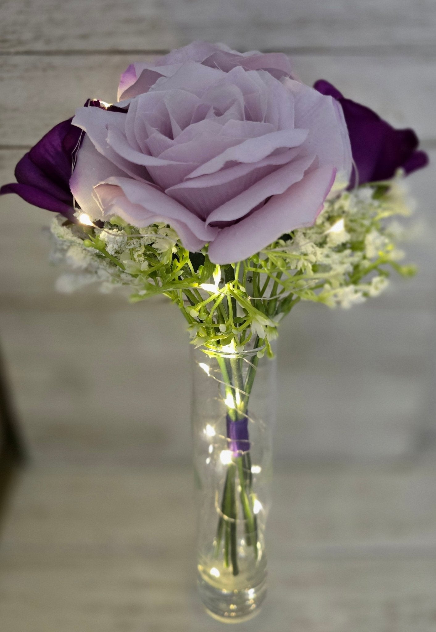 Purple Silk Rose Lighted Centerpiece - Glassy Gal Decor