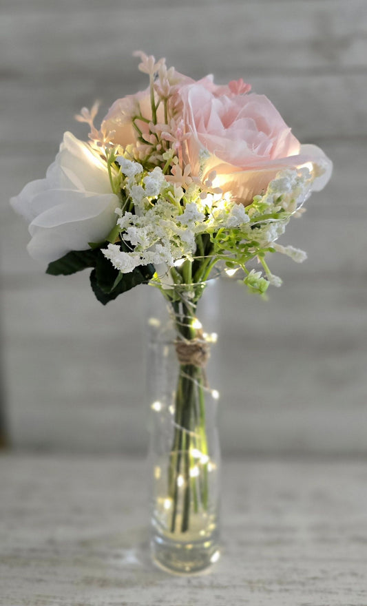 Pink & White Silk Rose Lighted Centerpiece - Glassy Gal Decor